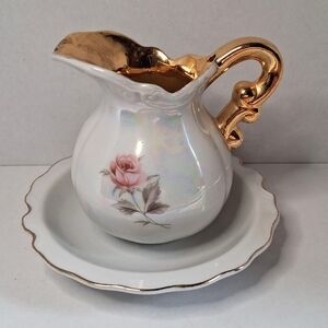 Vintage Inarco Small Pitcher & Basin Iridescent MOP Glaze Pink Rose Decal E-5688